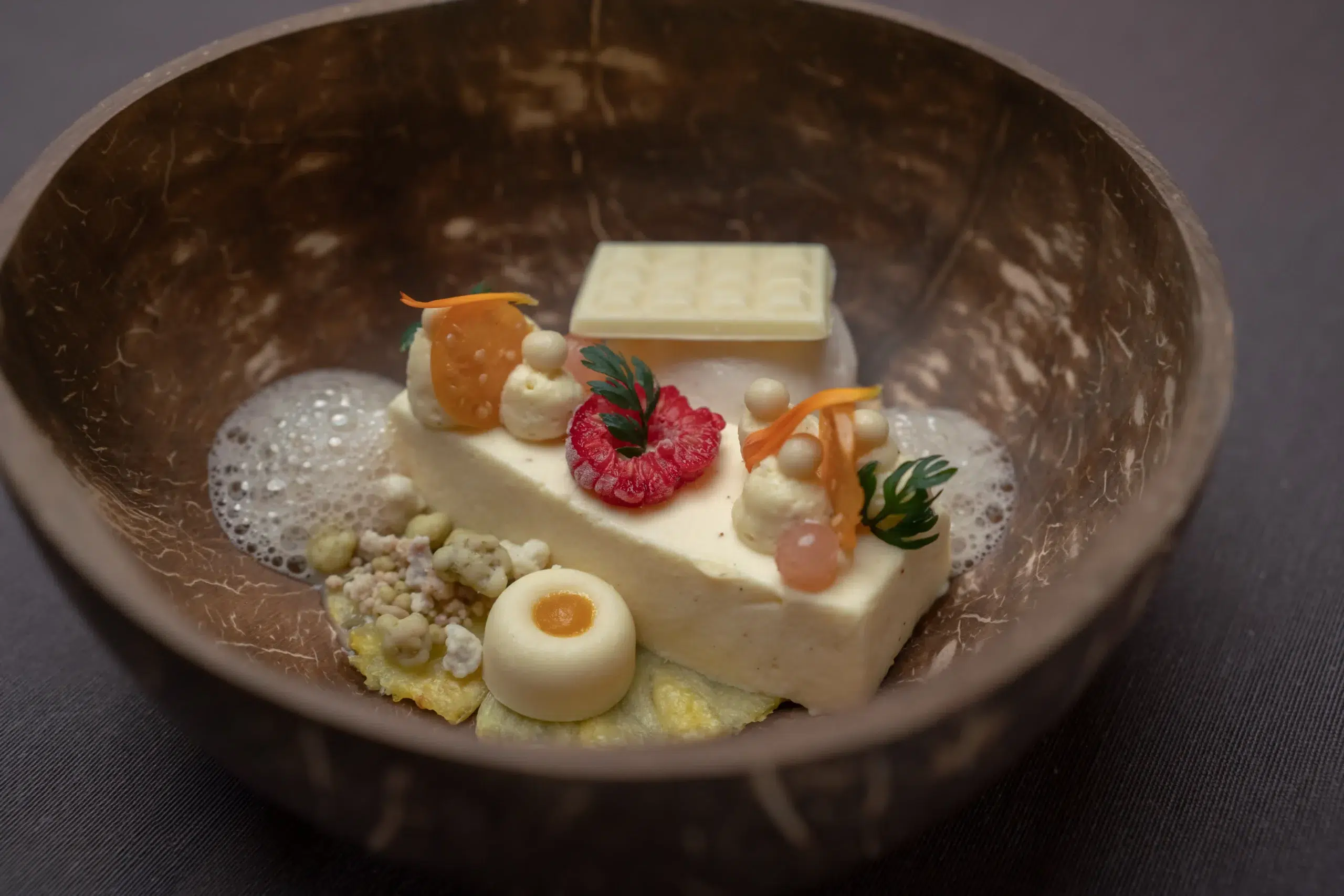 Elegantes Restaurant-Dessert: Mousse, Himbeere, Schaum und Dekor, serviert in einer Kokosnussschale.
