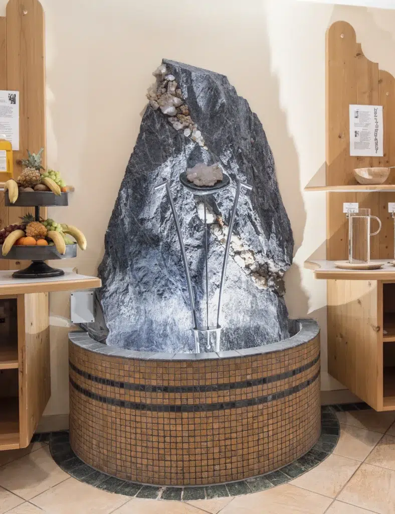 Ein großer dekorativer Felsenbrunnen mit Wasserstrahlen, perfekt für den Innenhof eines Wellnesshotels.